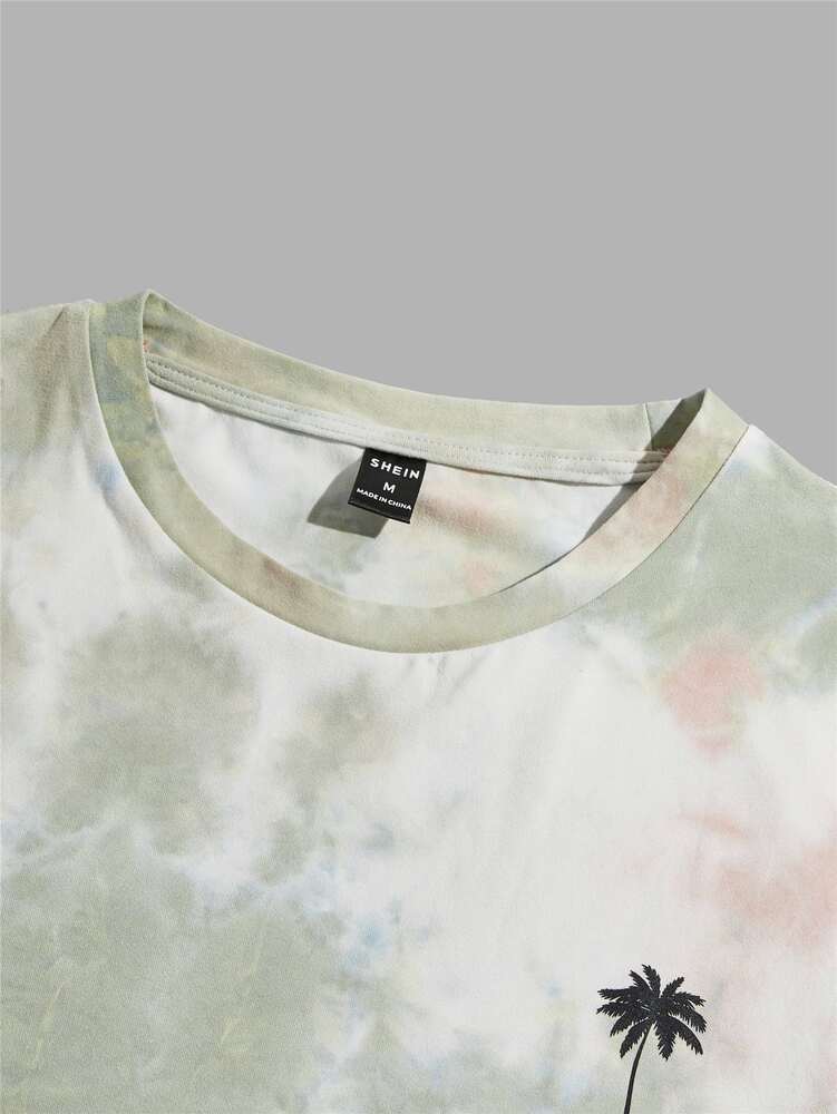 Men's Palm Tree Tie Dye Print Short Sleeve T Shirt Vacation Style Summer Casual Beach Graphic Tee Comfortable Daily Wear For Men