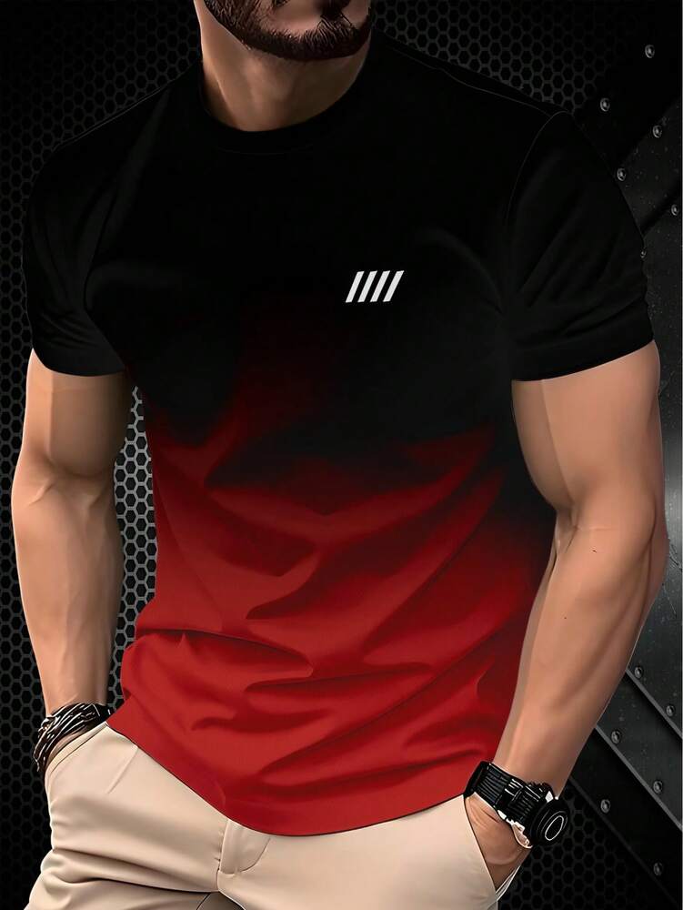 Men's Black Grey Ombre Crew Neck Casual T Shirt Four Stripe Print Minimalist Short Sleeve Breathable Cotton Summer Top Daily Outfit