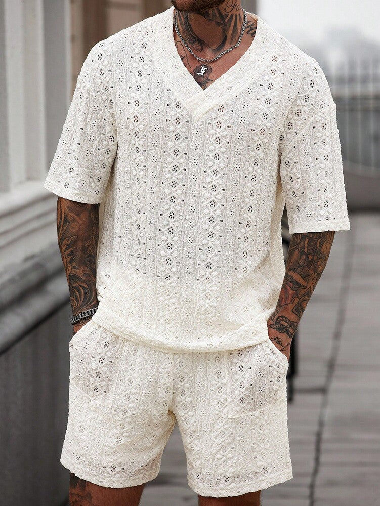 Men's Knitted Textured V Neck White T Shirt And Shorts Two Piece Set Summer Outfit Crochet Pattern Casual Comfortable Daily Clothing