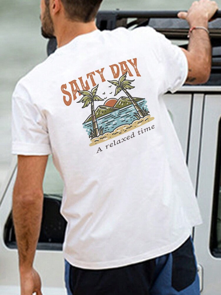Men's Palm Tree Slogan Print Round Neck Casual Short Sleeve T Shirt Vacation Style Comfortable Cotton Graphic Summer Tee For Men