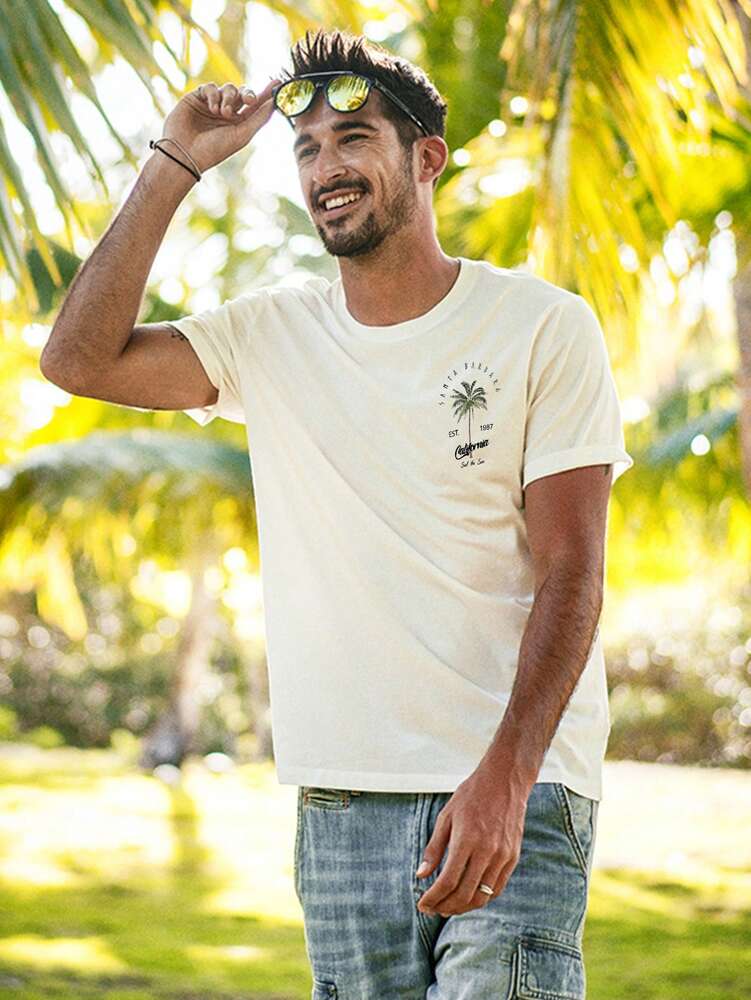 2pcs Men's Loose Fit Short Sleeve T Shirts With Letter And Palm Tree Print Summer Vacation Style Casual Cotton Graphic Tees Outfit