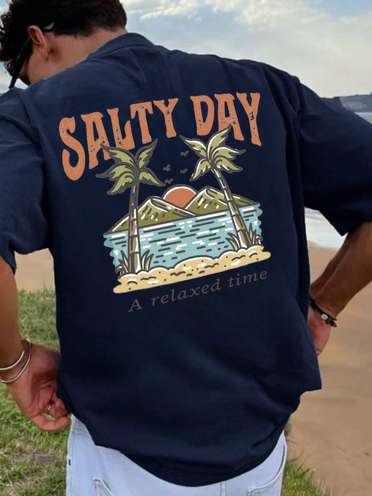 Men's Palm Tree Slogan Print Round Neck Casual Short Sleeve T Shirt Vacation Style Comfortable Cotton Graphic Summer Tee For Men