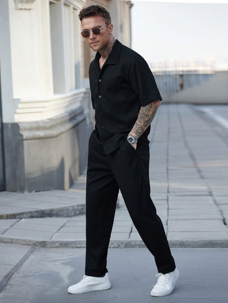 Men's Waffle Knit Jacquard Shirt And Pants Set Two Piece Casual Summer Outfit Beach Vacation Style Matching Couple Gift For Men