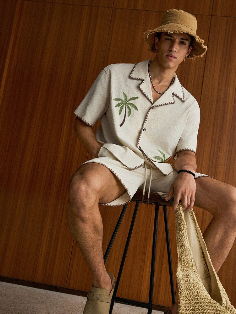 Men's Loose Fit Woven Short Sleeve Shirt And Drawstring Straight Leg Shorts Two Piece Casual Outfit Summer Vacation Daily Wear Set
