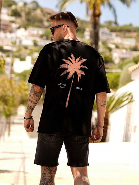 2pcs Men's Loose Fit Short Sleeve T Shirts With Letter And Palm Tree Print Summer Vacation Style Casual Cotton Graphic Tees Outfit