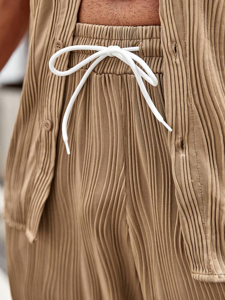 Men's Solid Button Up Short Sleeve Shirt With Drawstring Pants Two Piece Casual Outfit Comfortable Summer Daily Wear Clothing
