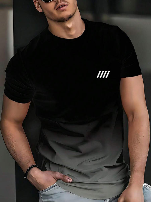 Men's Black Grey Ombre Crew Neck Casual T Shirt Four Stripe Print Minimalist Short Sleeve Breathable Cotton Summer Top Daily Outfit