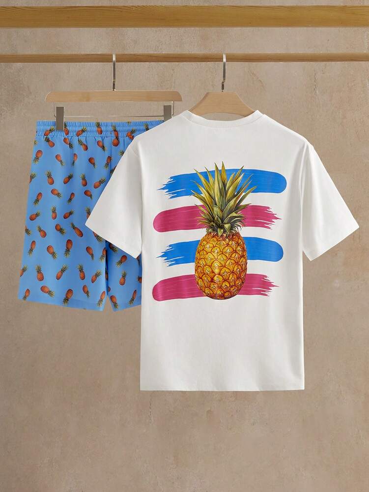Men's Floral Print Short Sleeve T Shirt And Drawstring Shorts Two Piece Casual Summer Outfit Vacation Style Knitted Set For Men
