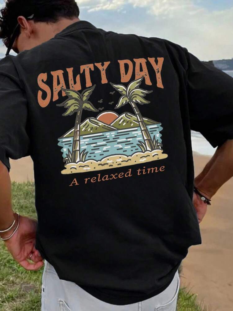 Men's Palm Tree Slogan Print Round Neck Casual Short Sleeve T Shirt Vacation Style Comfortable Cotton Graphic Summer Tee For Men