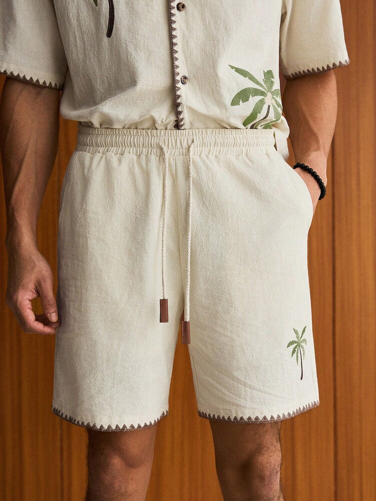 Men's Loose Fit Woven Short Sleeve Shirt And Drawstring Straight Leg Shorts Two Piece Casual Outfit Summer Vacation Daily Wear Set