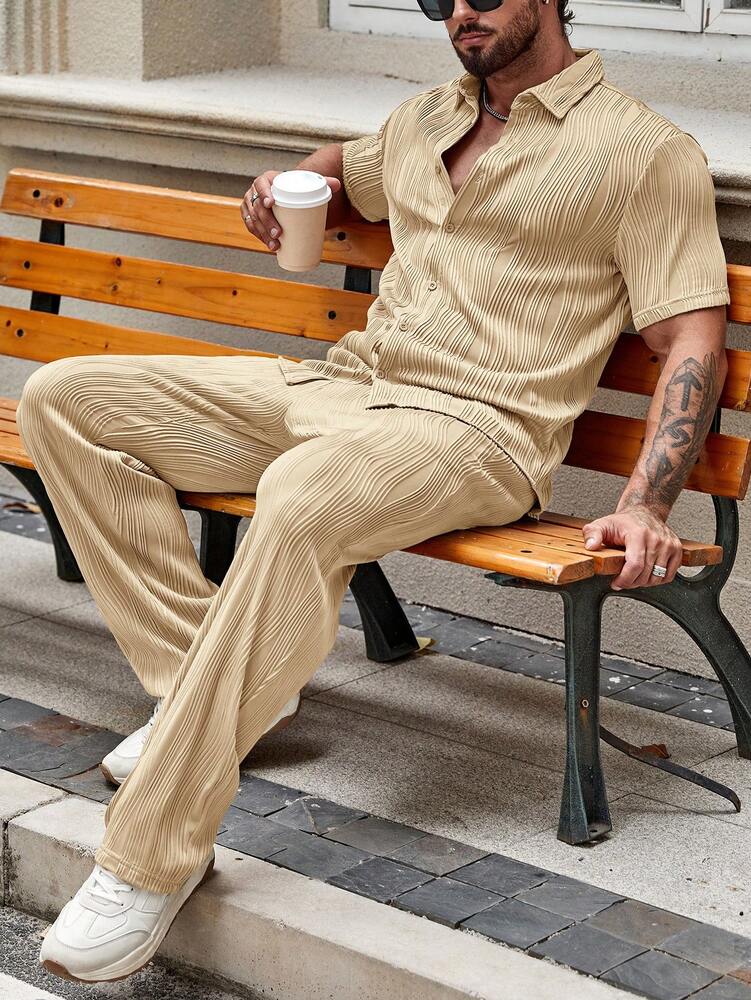 Men's Solid Button Up Short Sleeve Shirt With Drawstring Pants Two Piece Casual Outfit Comfortable Summer Daily Wear Clothing