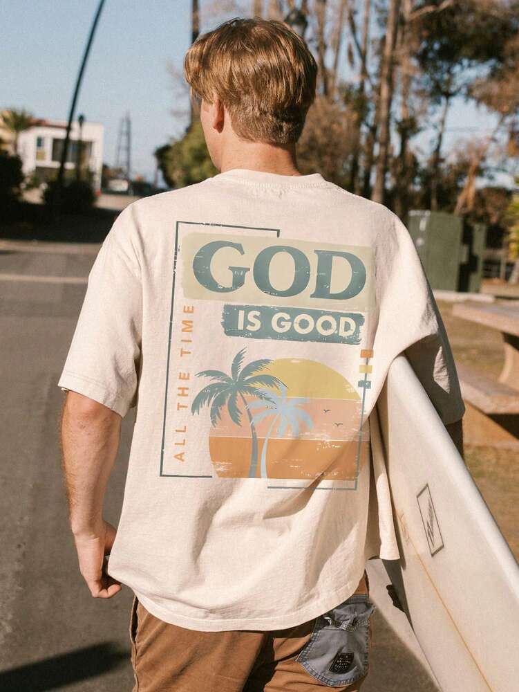 Men's Slogan Palm Tree Print Round Neck Casual Short Sleeve T Shirt Comfortable Summer Vacation Cotton Graphic Tee Fashion Top