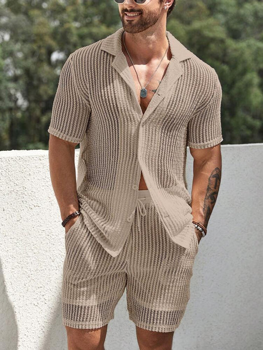 Men's Hollow Out Short Sleeve Shirt And Drawstring Shorts Two Piece Casual Outfit Lightweight Summer Vacation Beachwear Clothing