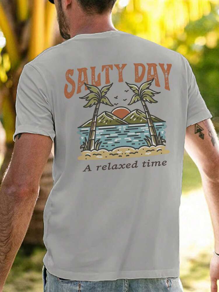 Men's Palm Tree Slogan Print Round Neck Casual Short Sleeve T Shirt Vacation Style Comfortable Cotton Graphic Summer Tee For Men