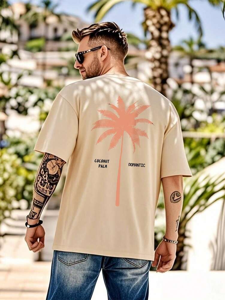 2pcs Men's Loose Fit Short Sleeve T Shirts With Letter And Palm Tree Print Summer Vacation Style Casual Cotton Graphic Tees Outfit