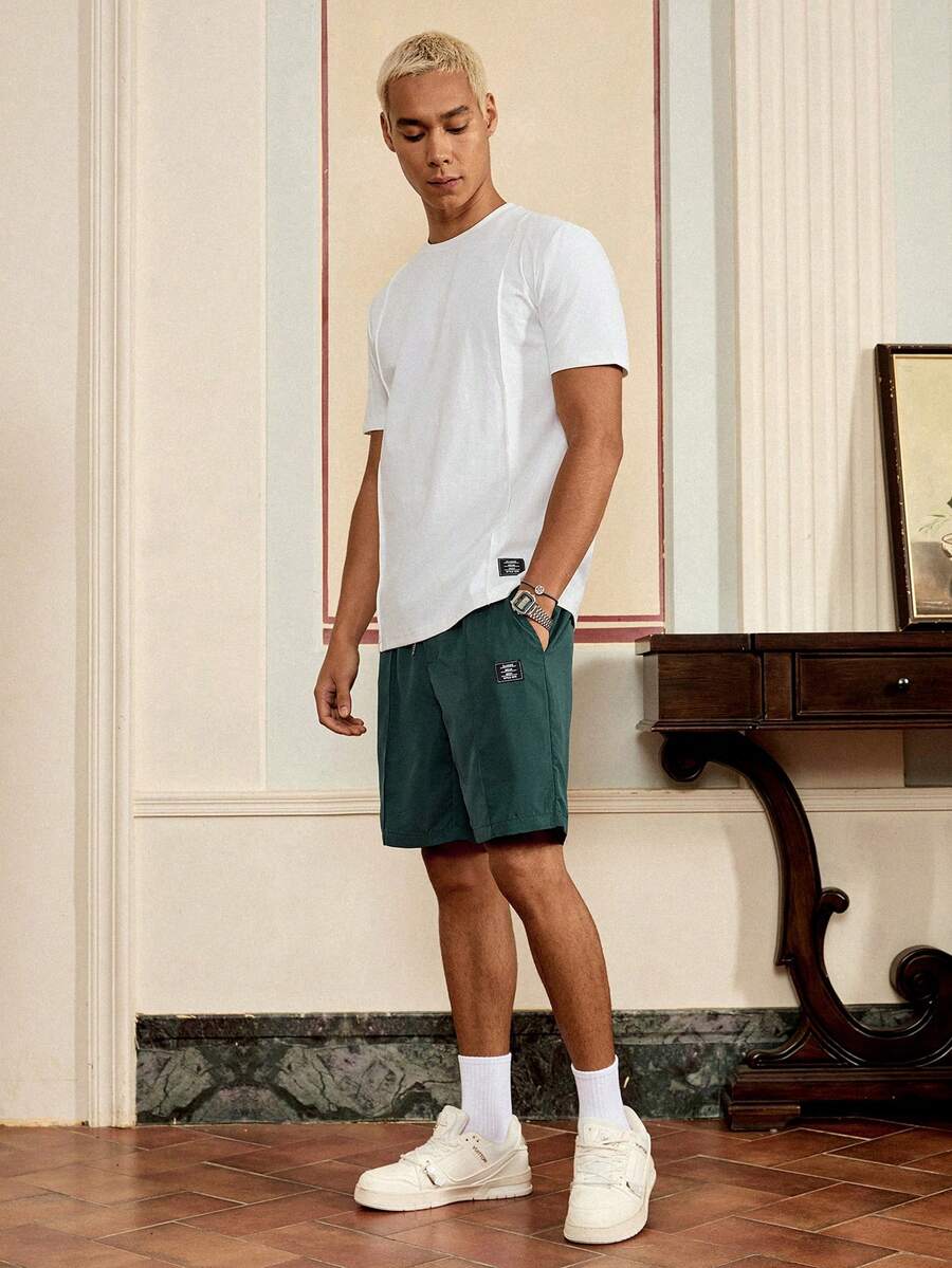 Men's Letter Patch Detail T Shirt And Drawstring Shorts Two Piece Casual Outfit Comfortable Summer Vacation Style Daily Wear Clothing