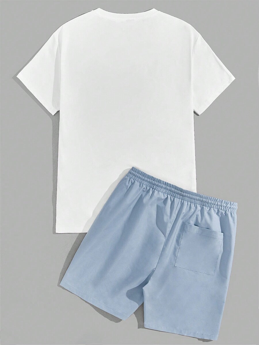 Men's Tropical Print Short Sleeve T Shirt And Drawstring Shorts Two Piece Casual Summer Outfit Lightweight Vacation Beachwear Set