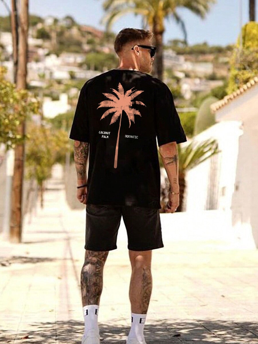2pcs Men's Loose Fit Short Sleeve T Shirts With Letter And Palm Tree Print Summer Vacation Style Casual Cotton Graphic Tees Outfit