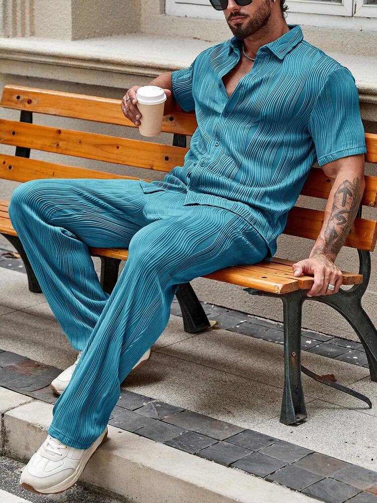 Men's Solid Button Up Short Sleeve Shirt With Drawstring Pants Two Piece Casual Outfit Comfortable Summer Daily Wear Clothing
