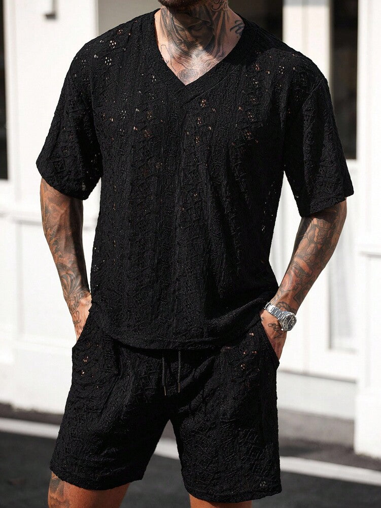 Men's Knitted Textured V Neck White T Shirt And Shorts Two Piece Set Summer Outfit Crochet Pattern Casual Comfortable Daily Clothing