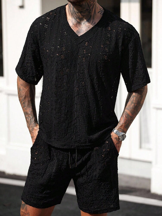 Men's Knitted Textured V Neck White T Shirt And Shorts Two Piece Set Summer Outfit Crochet Pattern Casual Comfortable Daily Clothing