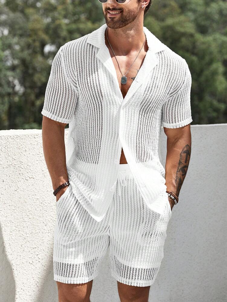 Men's Hollow Out Short Sleeve Shirt And Drawstring Shorts Two Piece Casual Outfit Lightweight Summer Vacation Beachwear Clothing