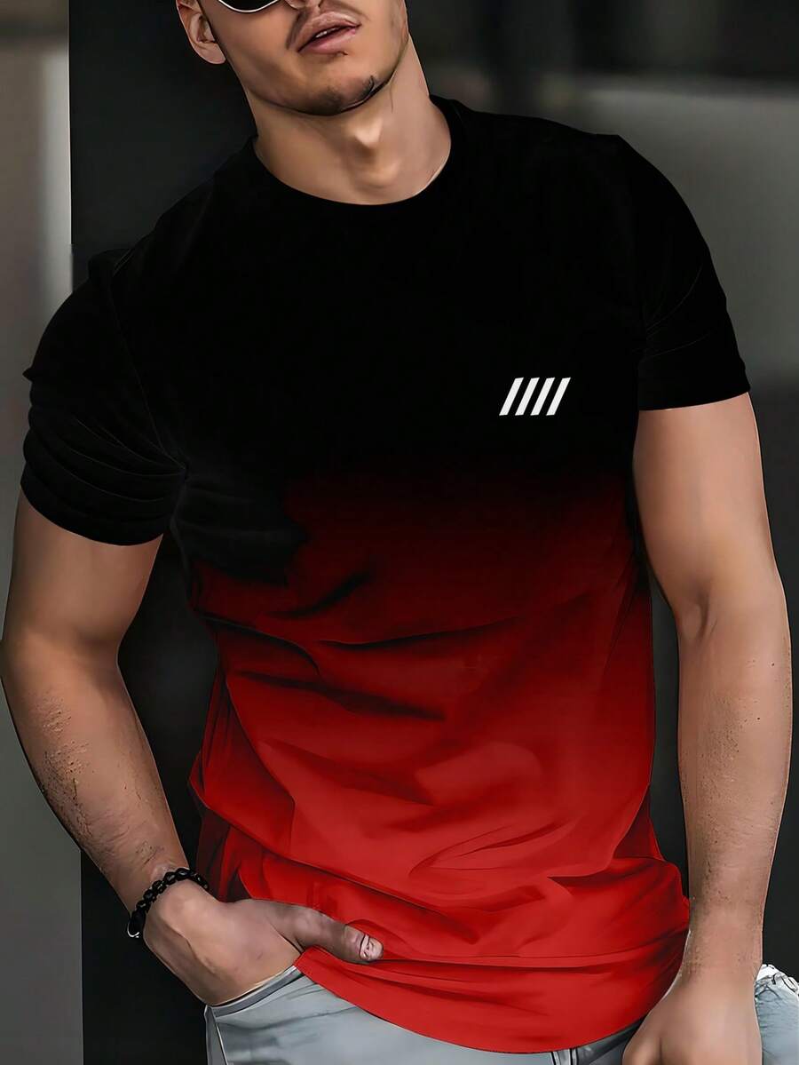 Men's Black Grey Ombre Crew Neck Casual T Shirt Four Stripe Print Minimalist Short Sleeve Breathable Cotton Summer Top Daily Outfit